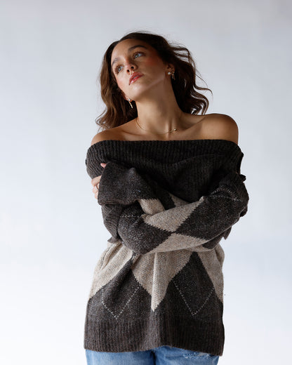 argyle sweater off the shoulder sweater cozy chic sweater holiday sweater holiday outfit inso 