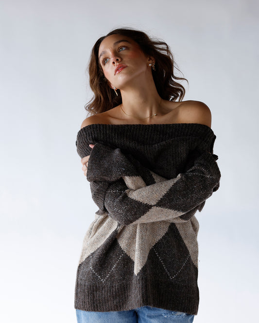 argyle sweater off the shoulder sweater cozy chic sweater holiday sweater holiday outfit inso 
