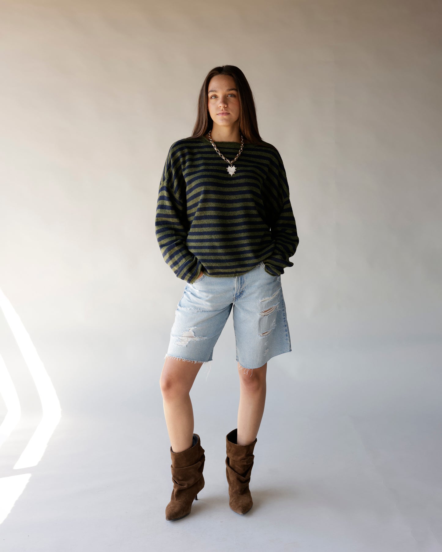 Olive and navy striped oversized crew neck sweater with drop shoulders