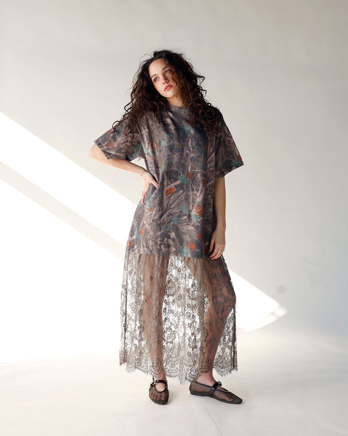 HIP OFF DUTY CAMO SHEER LACE MAXI DRESS