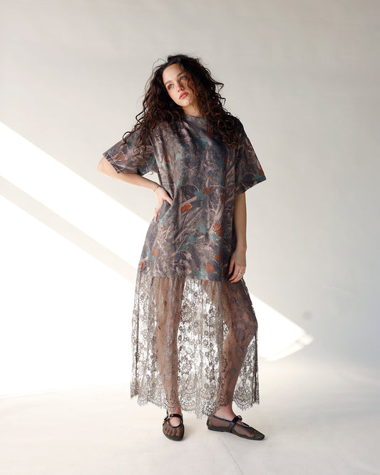 camo print maxi dress sheer lace bottom camo print maxi dress