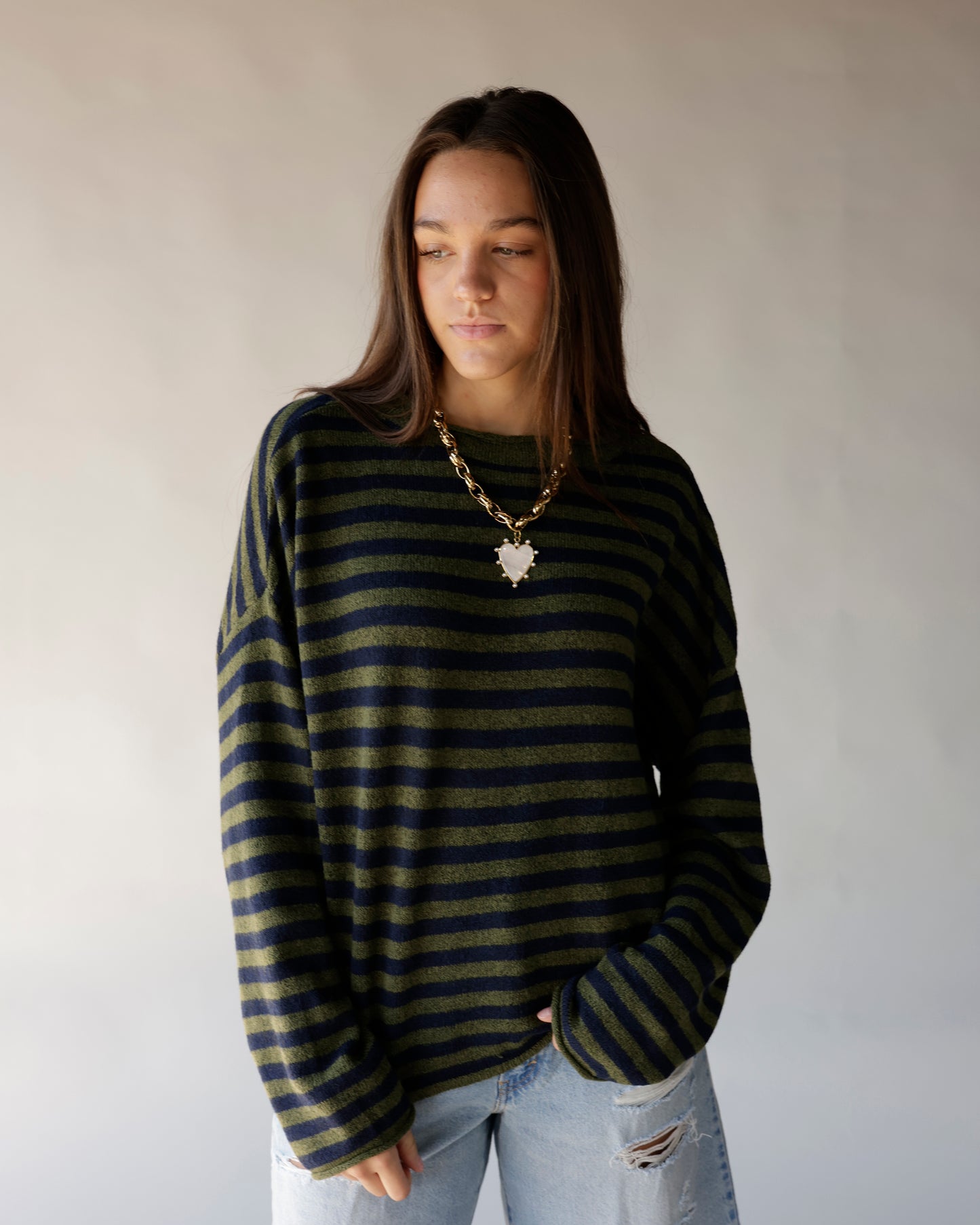 Olive and navy striped oversized mock neck sweater with long sleeves