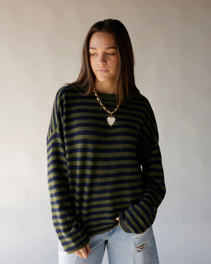 Olive and navy striped oversized mock neck sweater with long sleeves