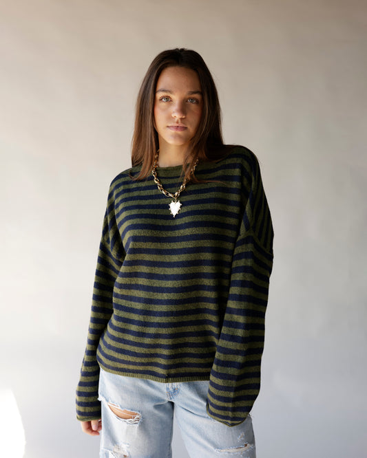 Navy and olive striped knit mock neck sweater with long sleeves, oversized fit