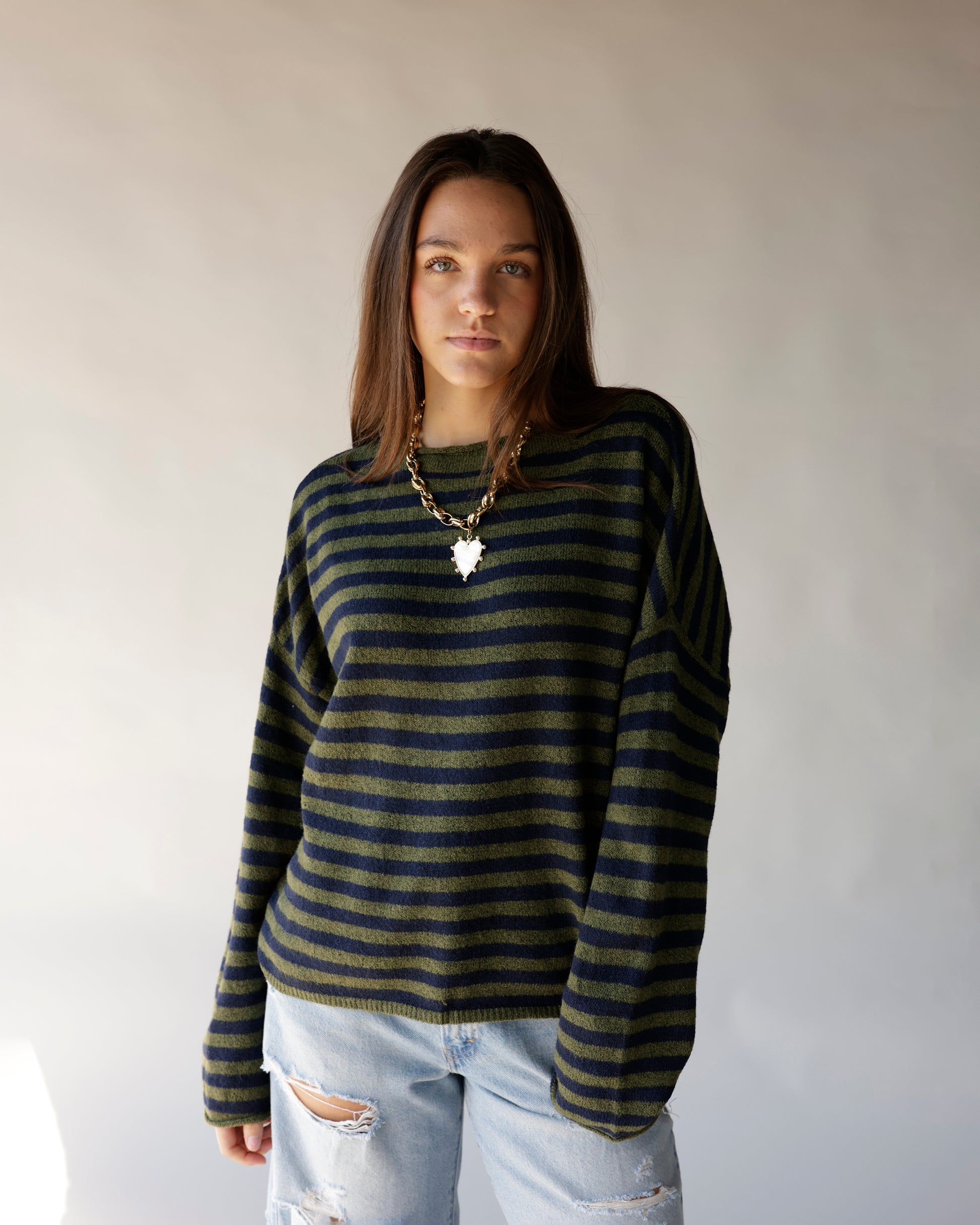 Olive and navy striped oversized crewneck sweater with ribbed cuffs and hem