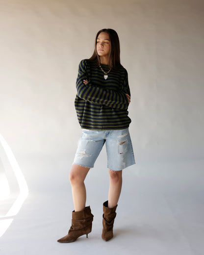 Olive and navy striped oversized crew neck knit sweater with ribbed hem
