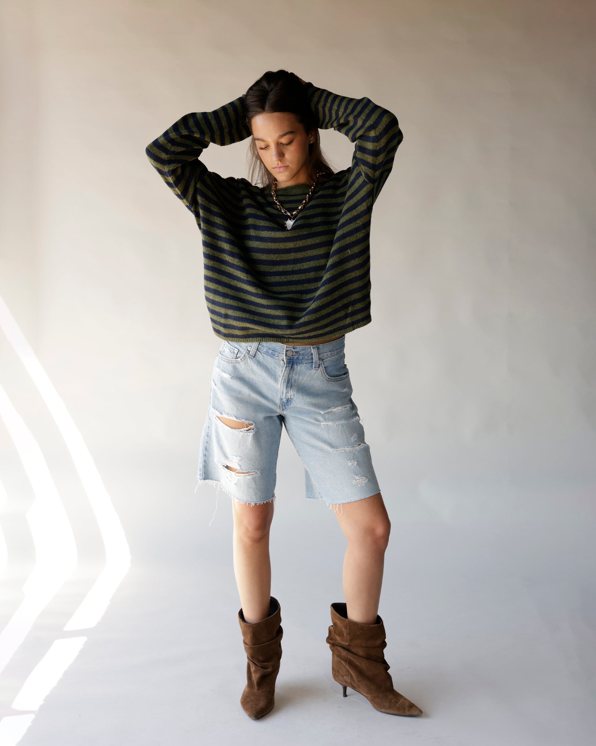 Olive and navy striped cropped knit sweater with boxy fit and crew neck