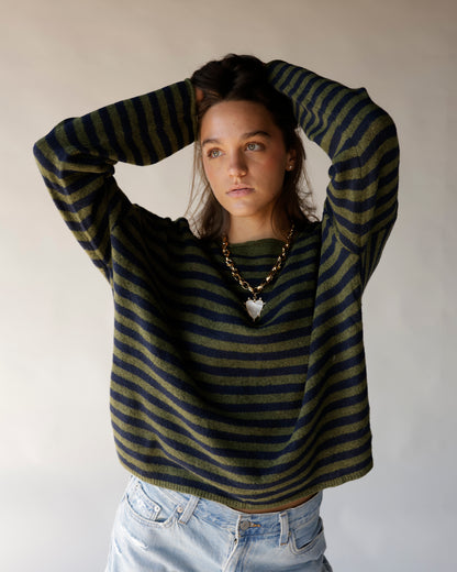 Olive and navy striped cropped knit sweater with long sleeves and ribbed hem
