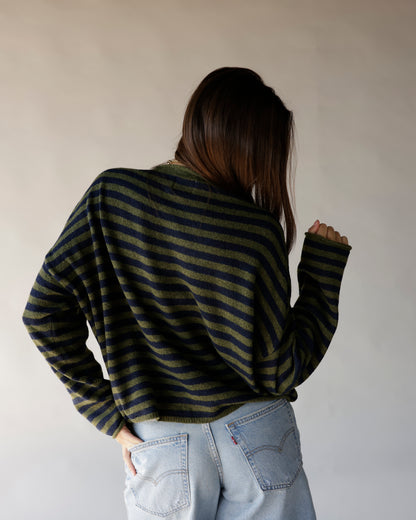 Olive and navy striped knit mock neck sweater, oversized fit, worn with light wash jeans