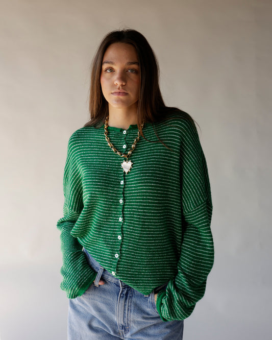 Green and white striped button-up knit cardigan with relaxed oversized fit