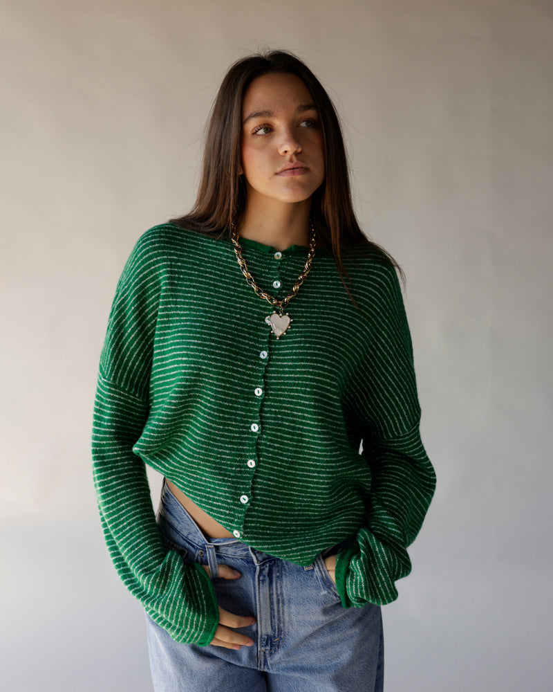 Green and white striped button-front knit cardigan with ribbed cuffs and collar