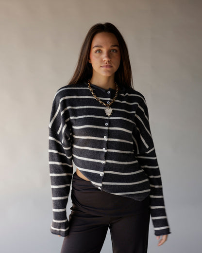 Dark gray and white striped button-front knit cardigan with long sleeves