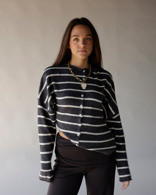 Dark gray and white striped button-front knit cardigan with long sleeves