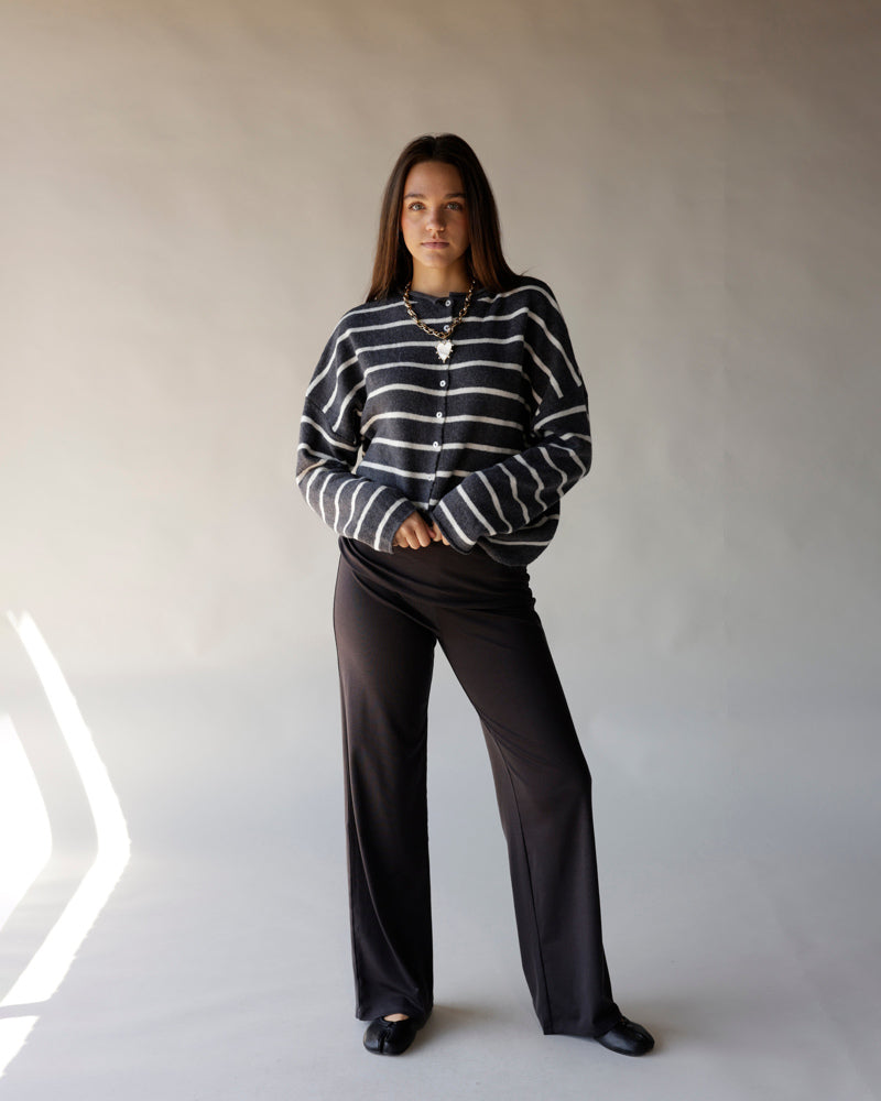 Dark gray and white striped button-front cropped cardigan with long sleeves