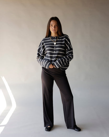 Dark gray and white striped button-front cropped cardigan with long sleeves