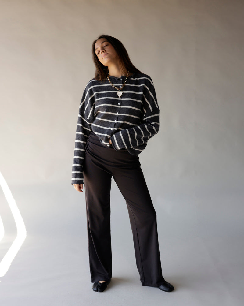 Dark gray and white striped knit cardigan with button front and relaxed fit