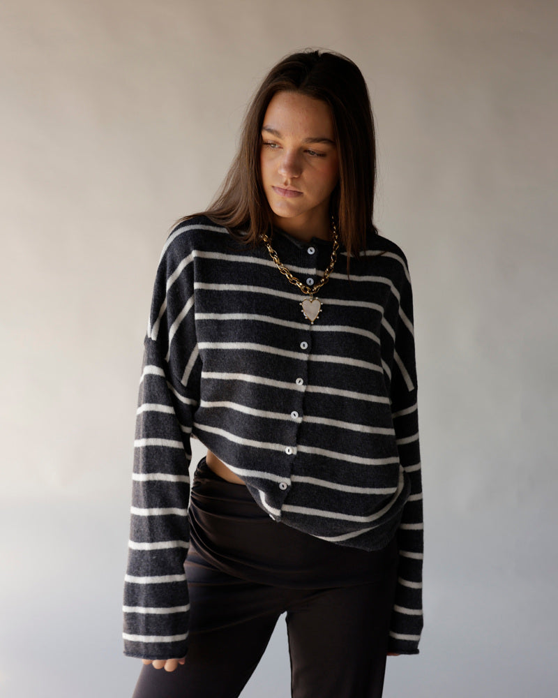 Dark grey and white striped button-front cropped knit sweater with long sleeves