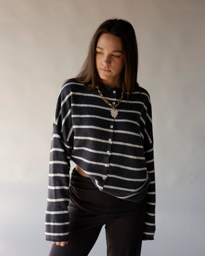 Dark grey and white striped button-front cropped knit sweater with long sleeves