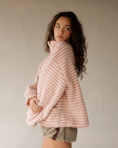 Pink and cream striped sherpa pullover with mock neck and oversized fit