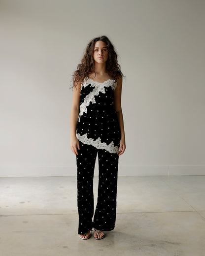 ISLA BLACK + WHITE POLKA DOT VELVET DRESS PANTS