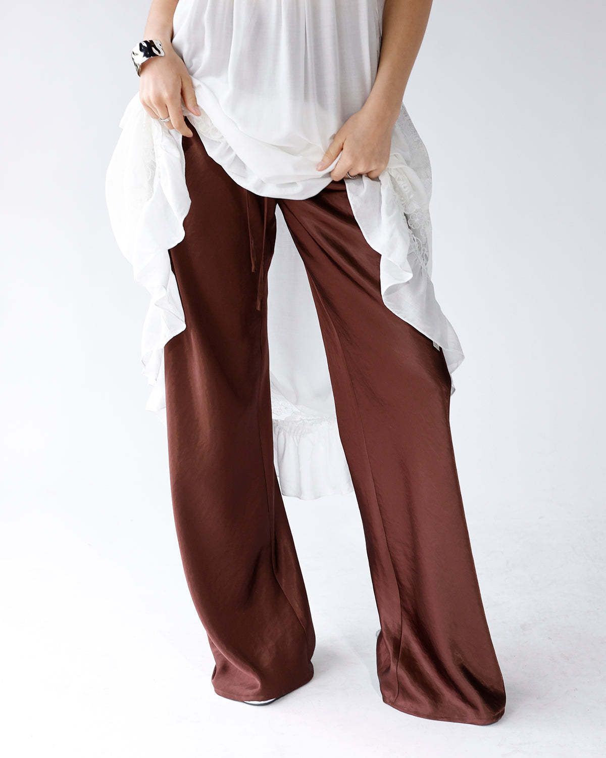 HIP CHOCOLATE SATIN WIDE LEG PANTS