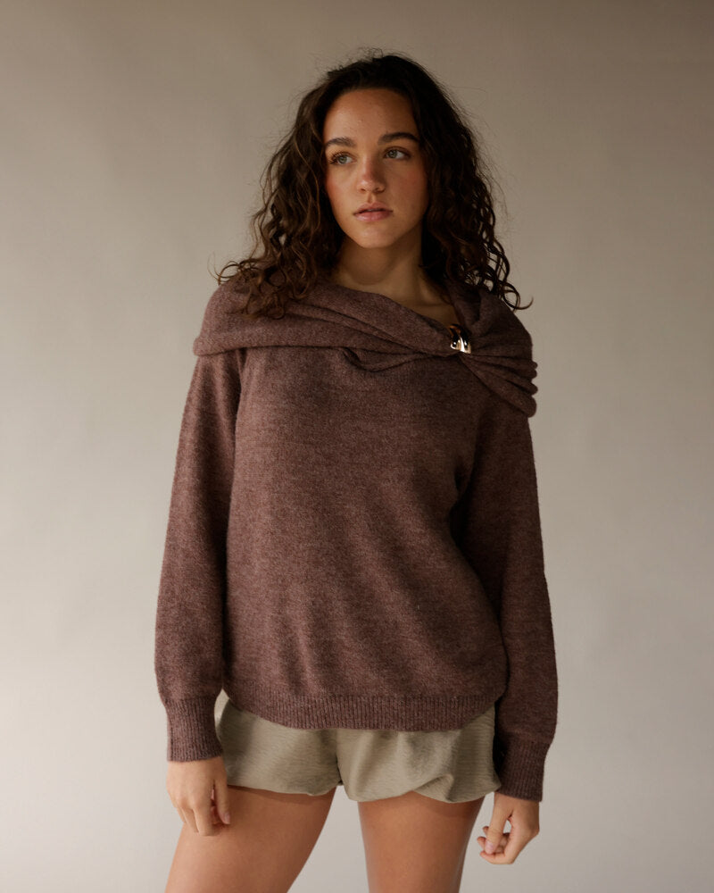 Mocha brown knit sweater with fold-over collar and gold clasp detail