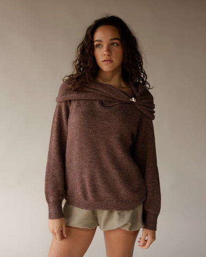 Mocha brown knit sweater with fold-over collar and gold clasp detail