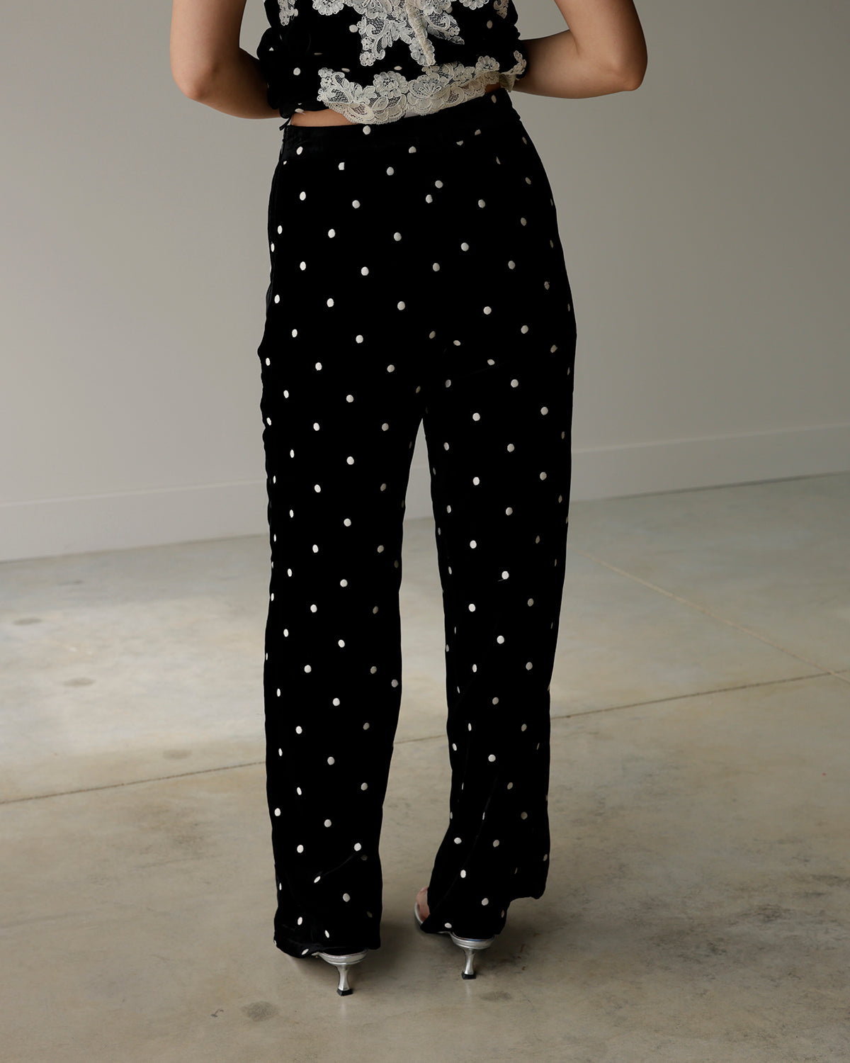ISLA BLACK + WHITE POLKA DOT VELVET DRESS PANTS