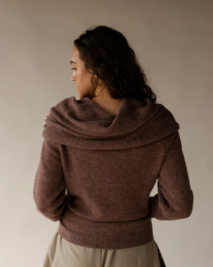 Mocha brown cowl neck knit sweater shown from back, long sleeves