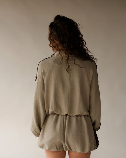 Sage green long sleeve top and matching bubble shorts set, back view