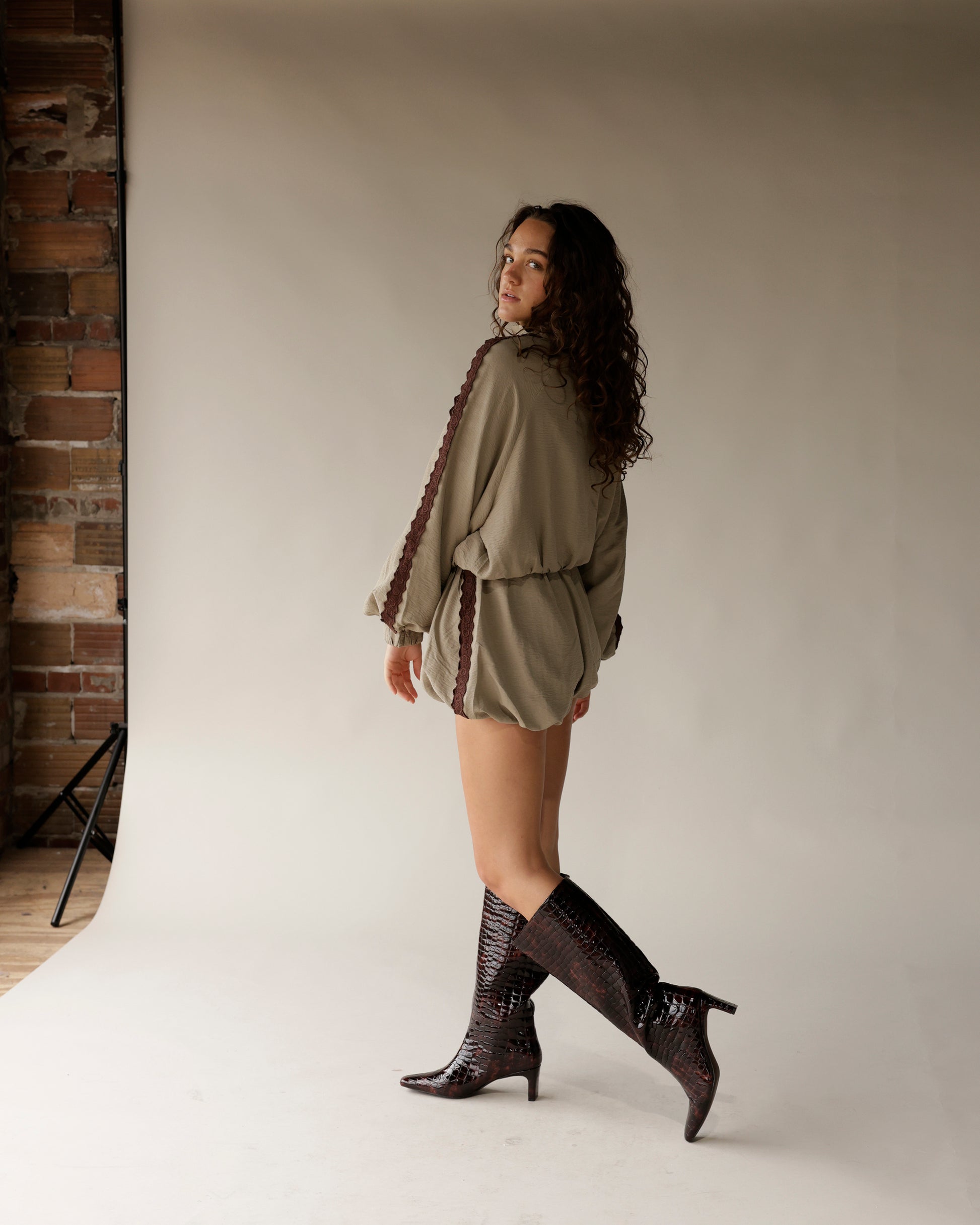 Steve Madden Jendi tall boots in dark brown crocodile-embossed tortoise print with kitten heel