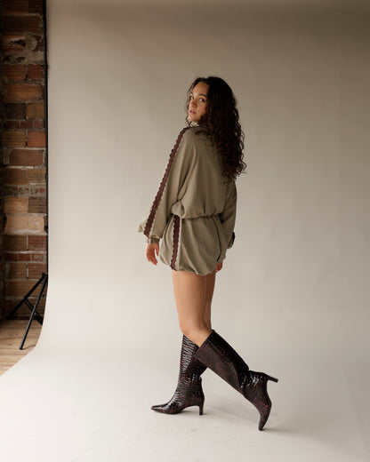 Steve Madden Jendi tall boots in dark brown crocodile-embossed tortoise print with kitten heel