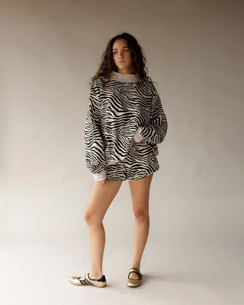 Zebra print shorts in black and white, oversized fit with elastic waistband