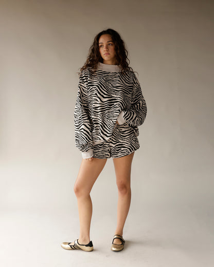Zebra print shorts in black and white, oversized fit with elastic waistband