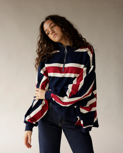 Navy, red, and white striped quarter-zip pullover sweatshirt with oversized fit