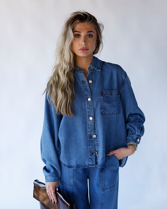 blue denim shirt long sleeve pocket lightweight fall 