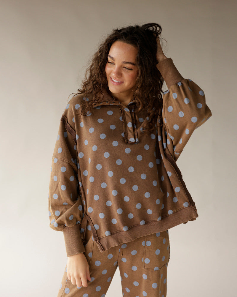 Mocha brown polka dot lounge set with blue dots, pullover top and matching pants