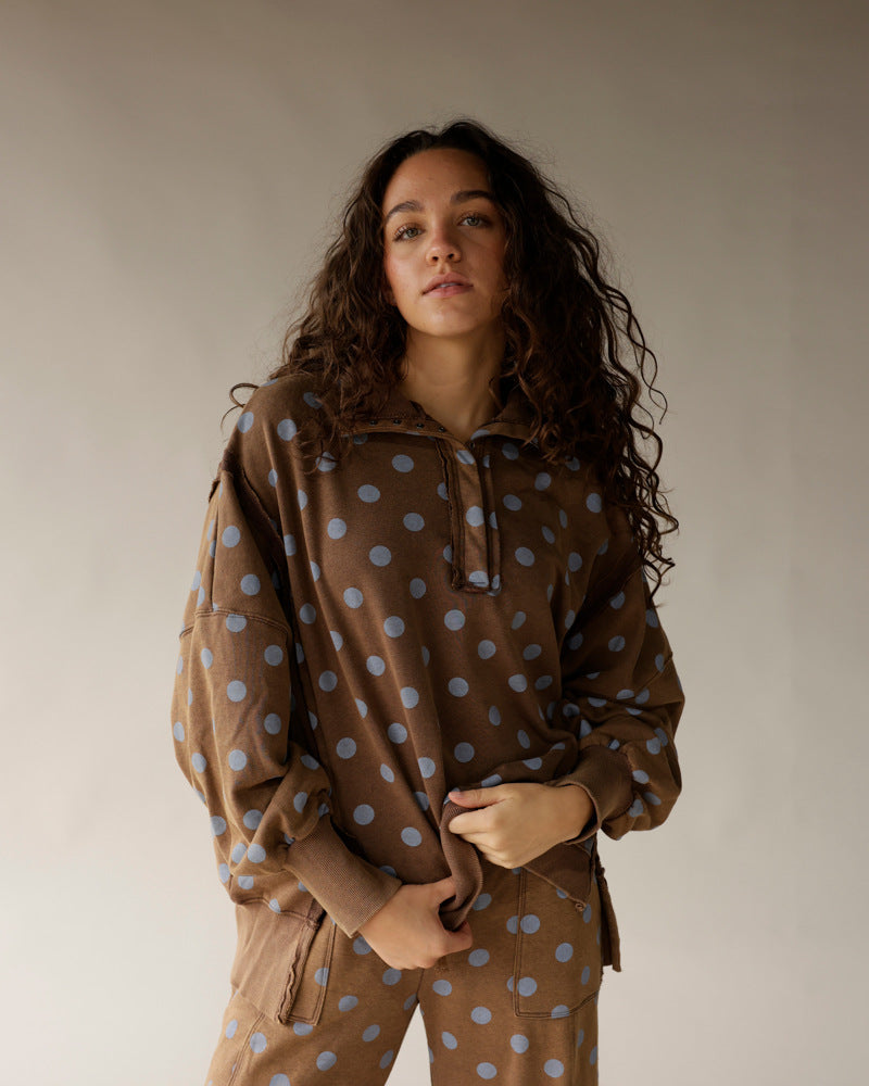 Mocha brown polka dot lounge pants with matching hoodie sweatshirt set