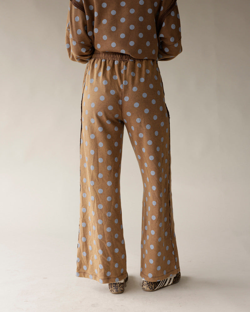 Mocha brown wide-leg lounge pants with light blue polka dots and side stripe