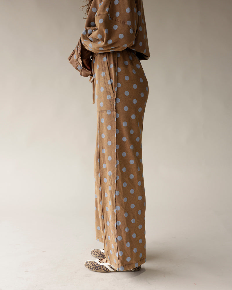 Mocha brown wide-leg lounge pants with blue polka dot print, relaxed fit