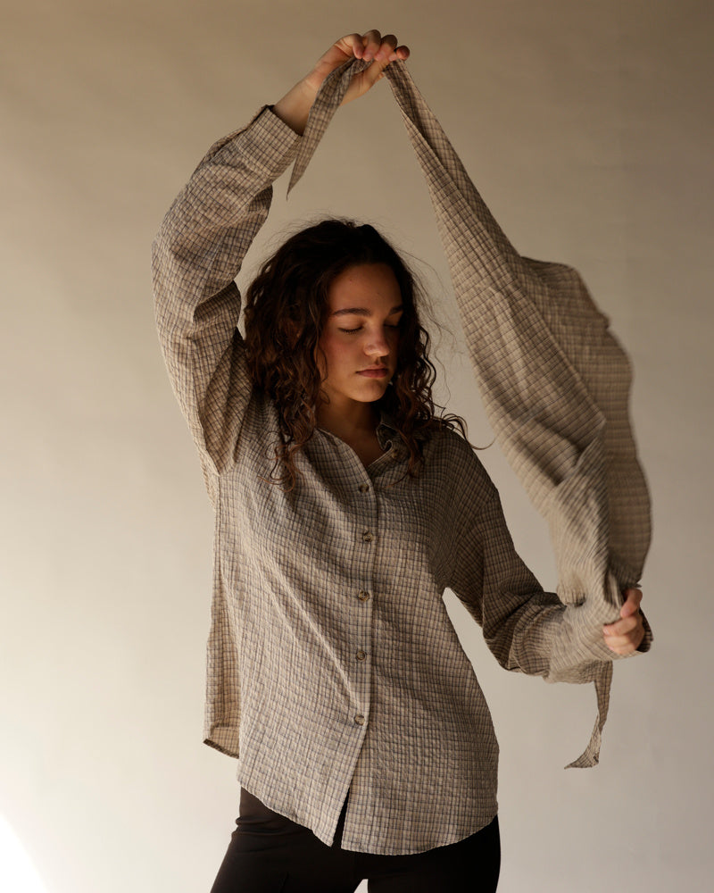 Caramel plaid long-sleeve button-up shirt with matching sheer scarf tie