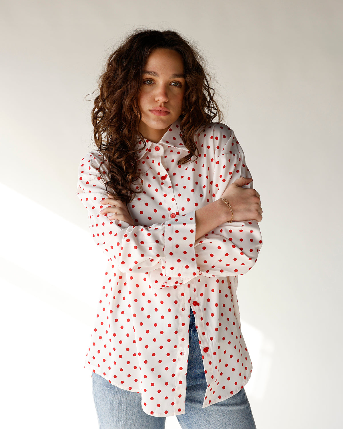 CHERRY CRUSH POLKA DOT BUTTON UP
