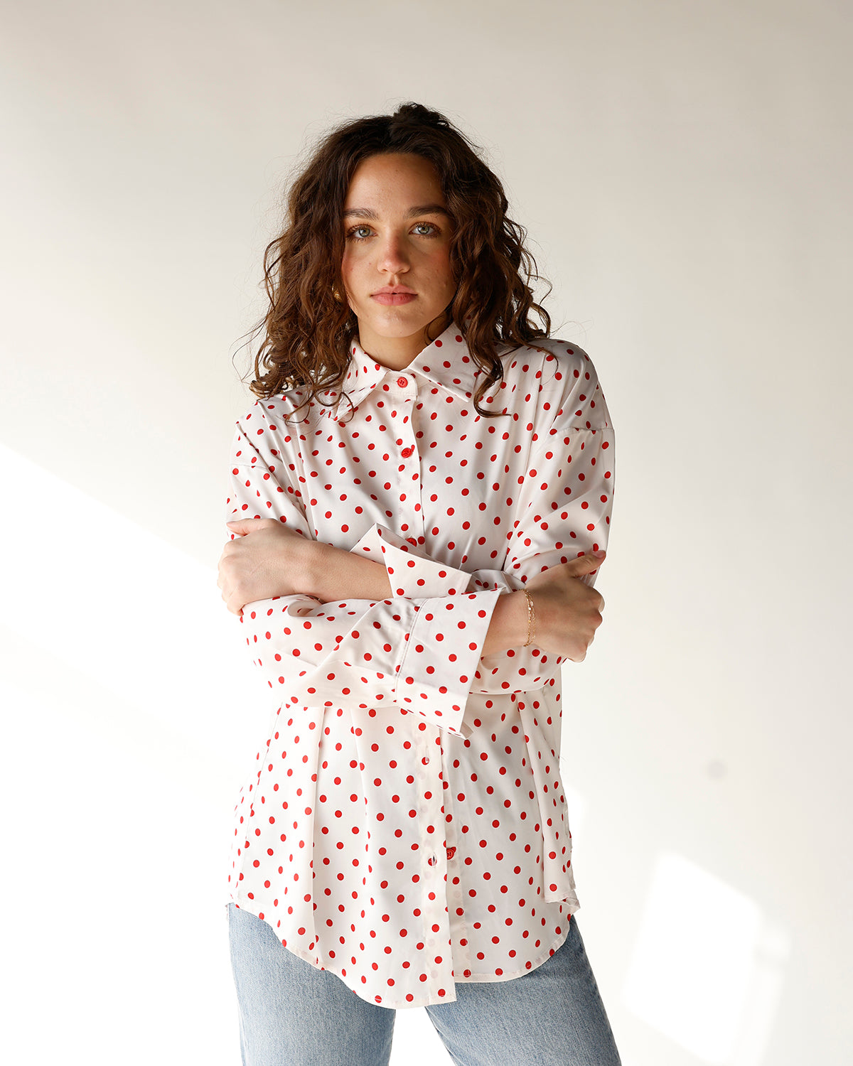 CHERRY CRUSH POLKA DOT BUTTON UP