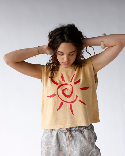 mustard yellow muscle tee with red sun graphic sleeveless graphic women's muscle tee