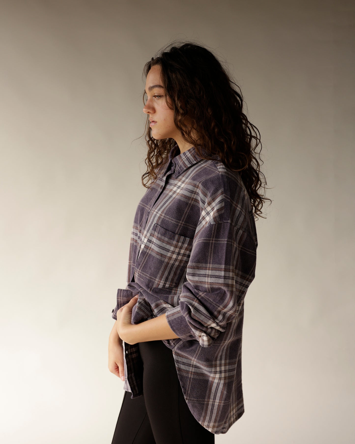 Navy blue plaid flannel oversized button-up shirt with chest pocket, long sleeves