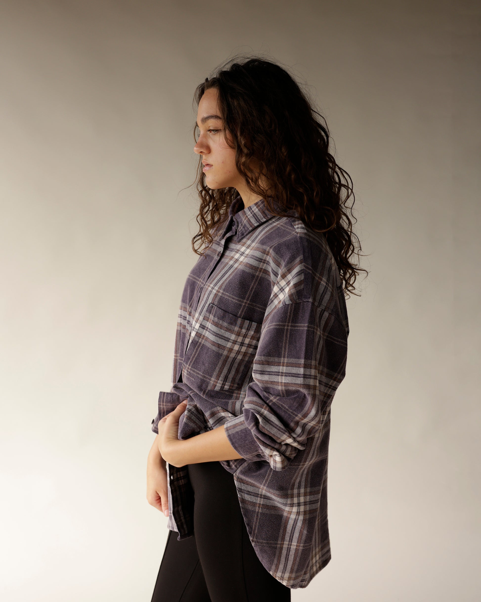 Navy blue plaid flannel oversized button-up shirt with chest pocket, long sleeves