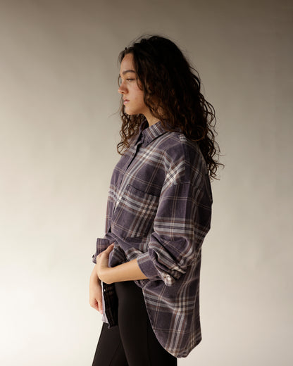 Navy blue plaid flannel oversized button-up shirt with chest pocket, long sleeves