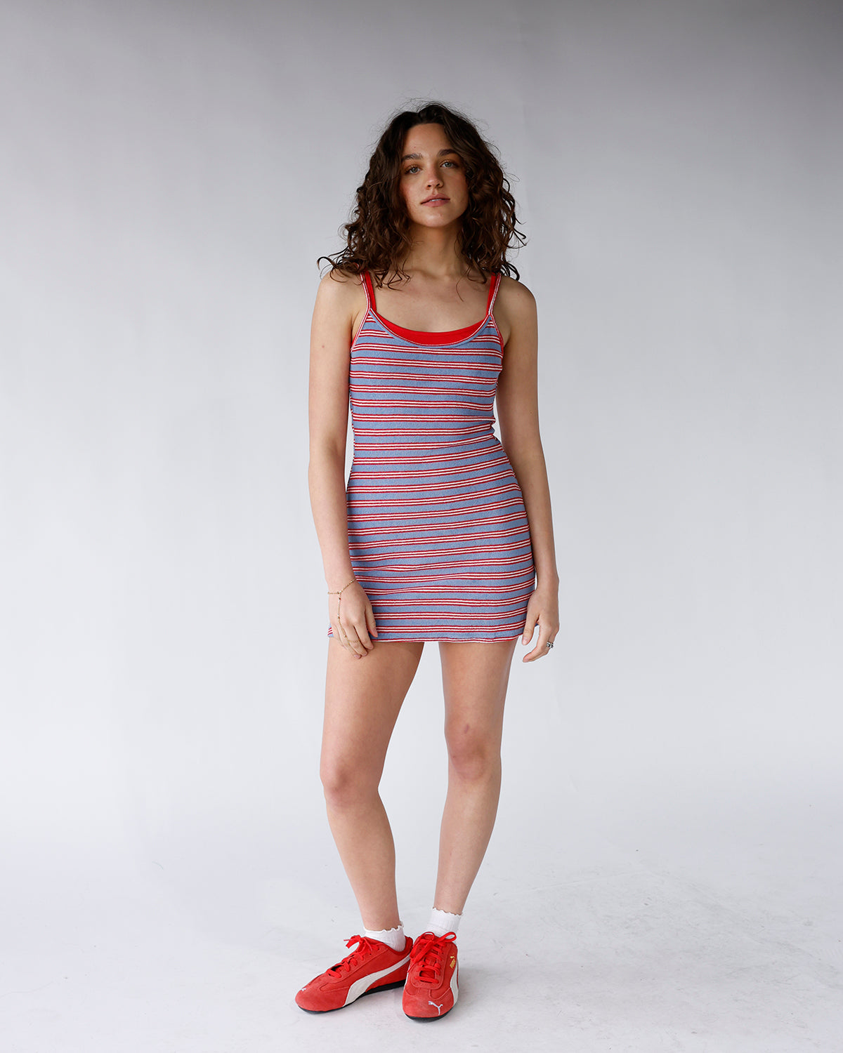 red and blue striped athletic mini dress with double layered look