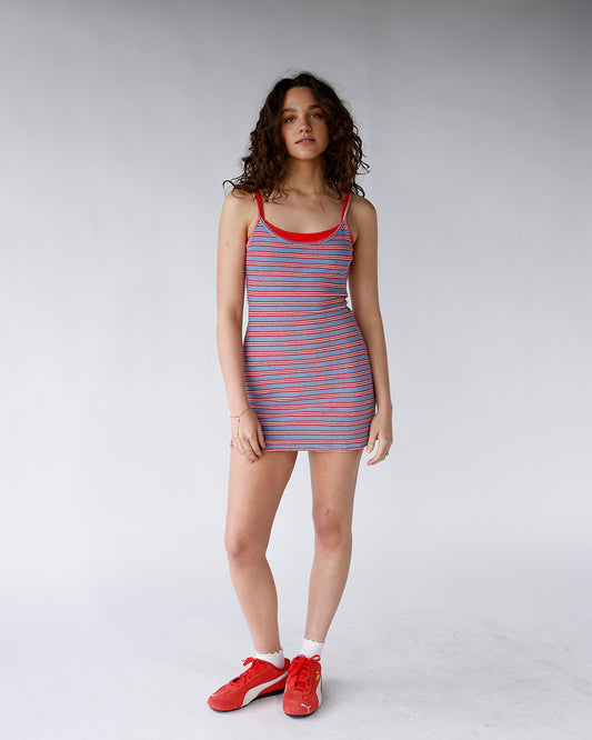red and blue striped athletic mini dress with double layered look