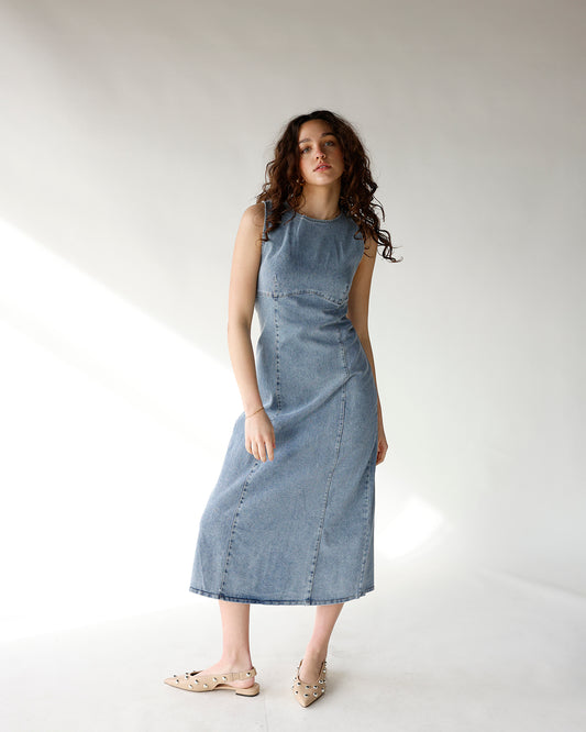 light wash denim sleeveless midi dress